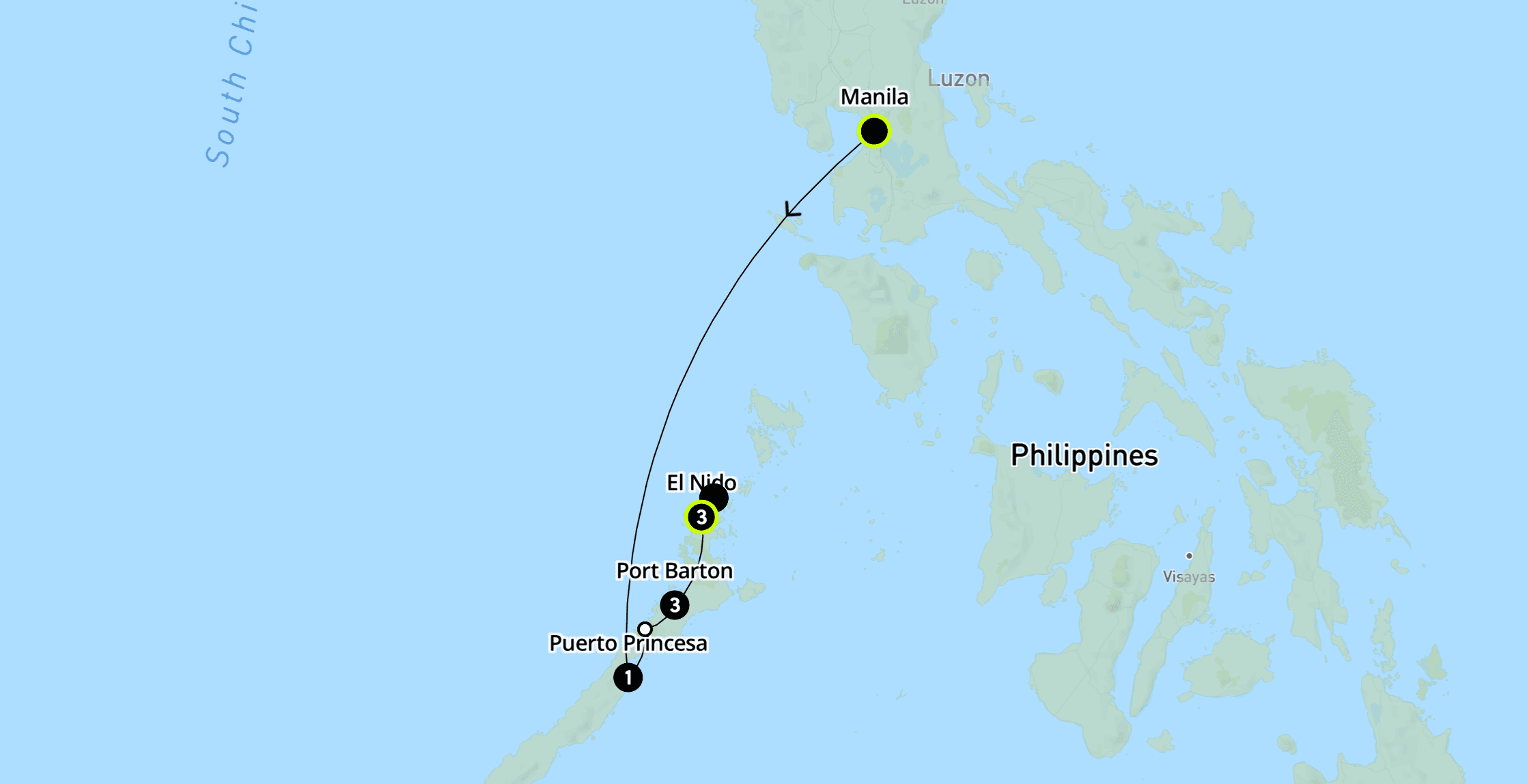 Map of the Philippine Sunrise route from Cebu to Moalboal to Siargao